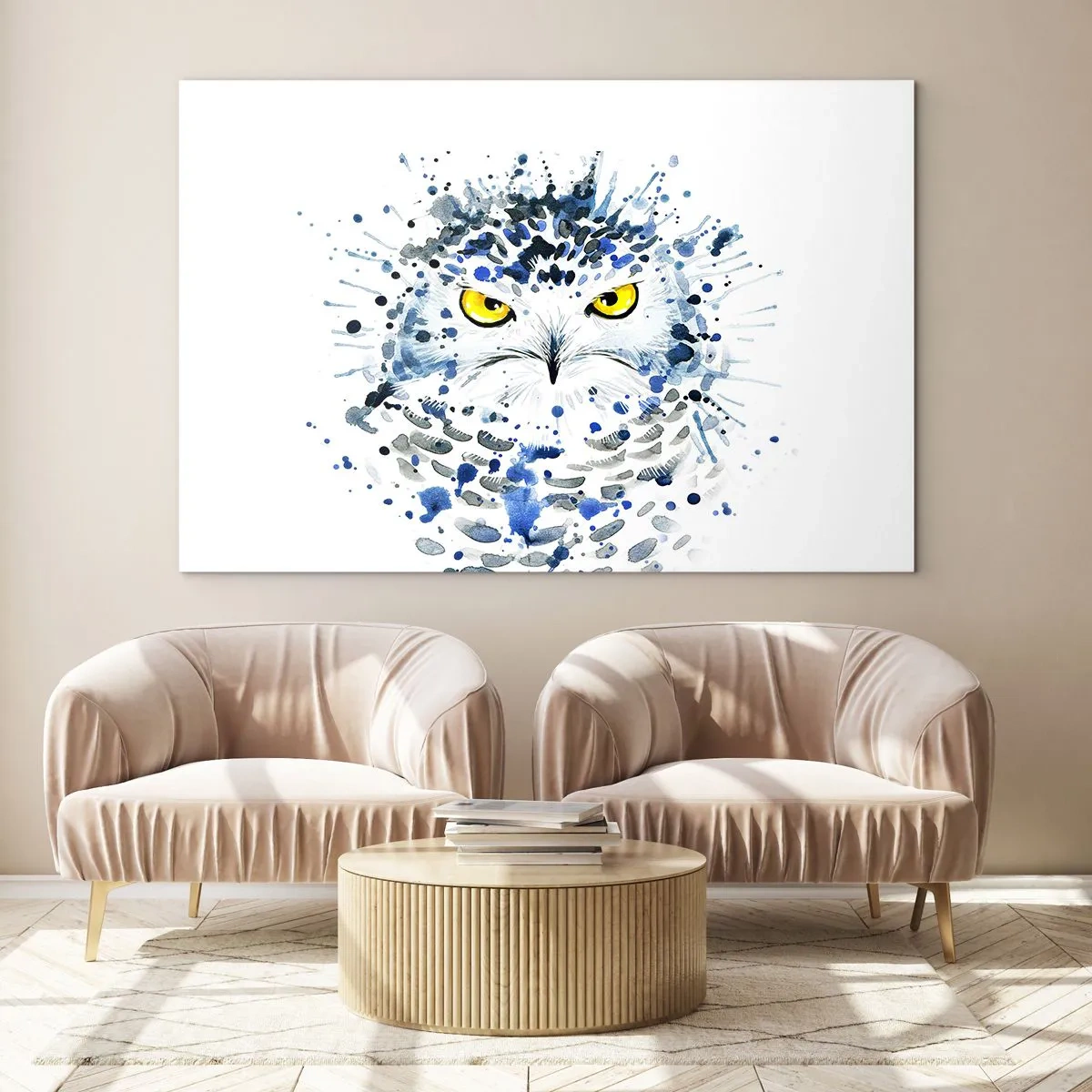 Impression sur verre - Image sur verre - Portrait artistique d'un hibou aux yeux jaunes et aux détails abstraits. - 120x80cm - Droit dans les yeux - Décoration murale moderne pour le salon et la chambre ARTTOR