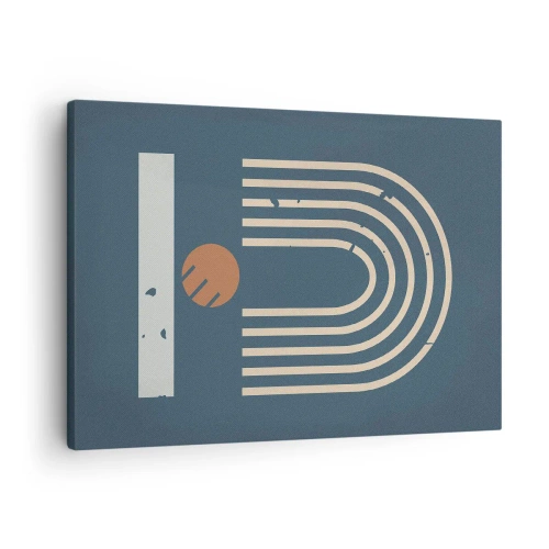Impression sur toile - Image sur toile - Motif géométrique dans les tons bleu marine, beige et orange sur fond sombre - 70x50cm - Géométrie sur la grenade - Décoration murale moderne pour le salon et la chambre ARTTOR