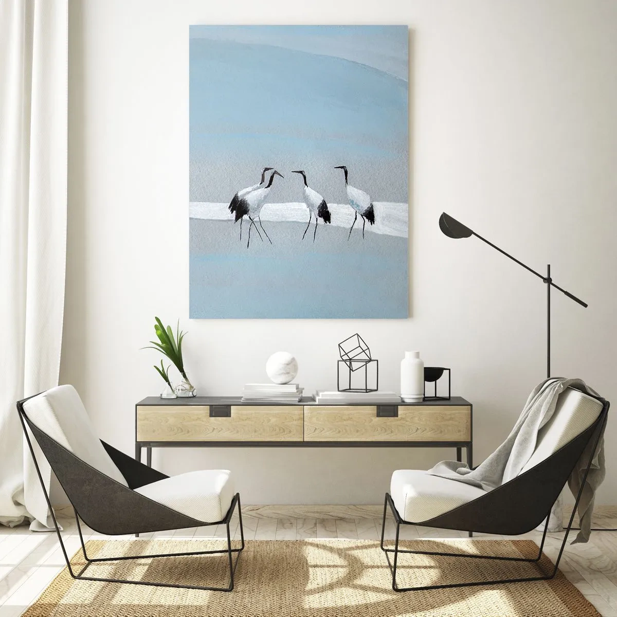 Impression sur verre - Image sur verre - Un groupe de grues contre un ciel bleu et le soleil levant - 70x100cm - Après une chaude journée - Décoration murale moderne pour le salon et la chambre ARTTOR