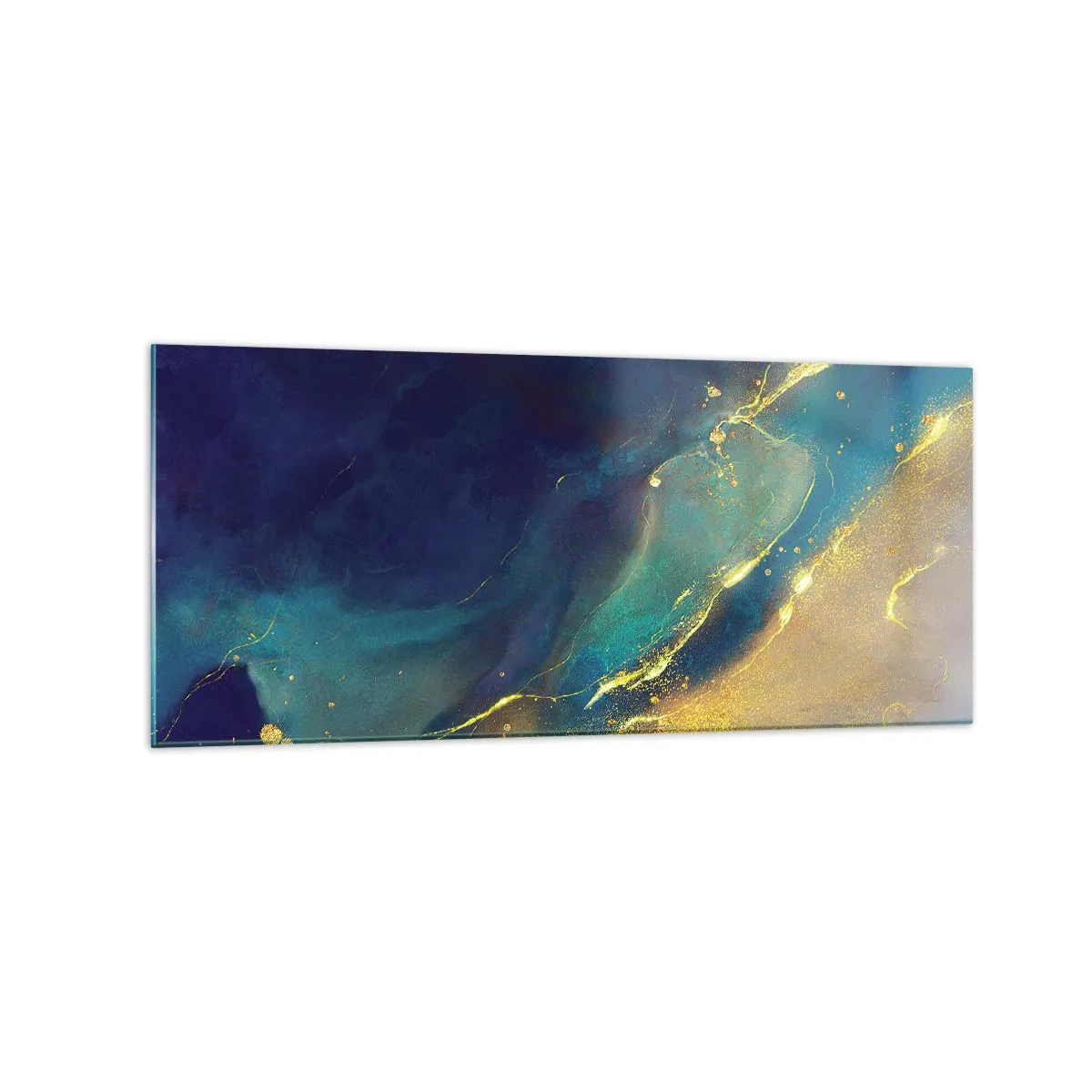 Impression sur verre - Image sur verre - Composition abstraite dans les tons bleu et or sur toile - 120x50cm - Coulée d'or - Décoration murale moderne pour le salon et la chambre ARTTOR
