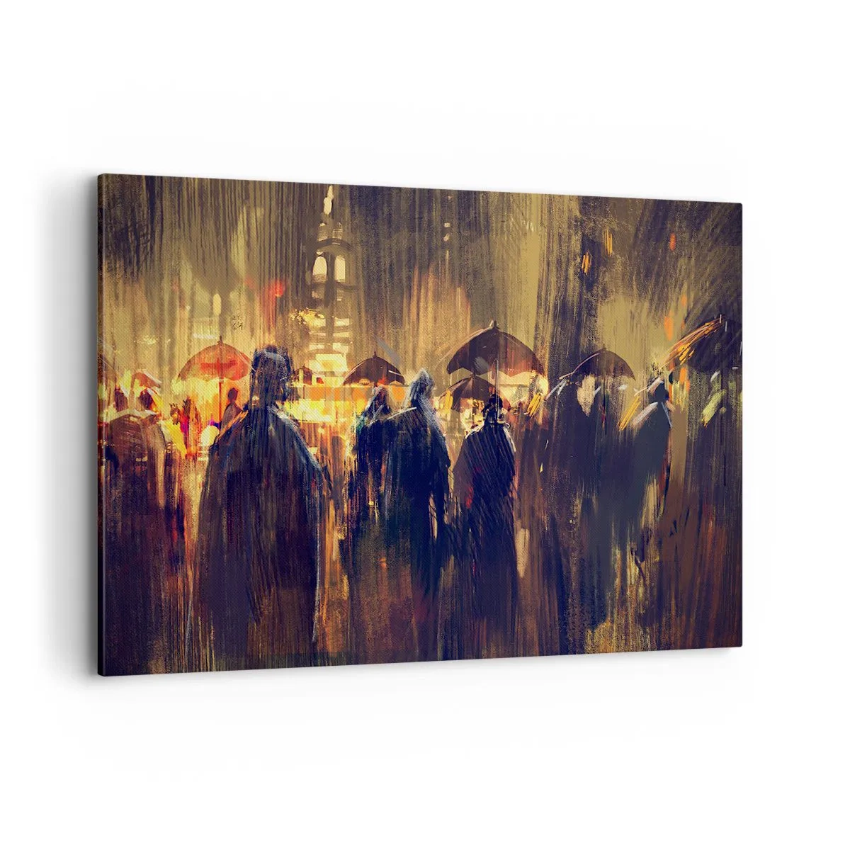 Impression sur toile - Image sur toile - Personnages avec des parapluies dans une ville pluvieuse la nuit - 100x70cm - Adeptes de la pluie - Décoration murale moderne pour le salon et la chambre ARTTOR
