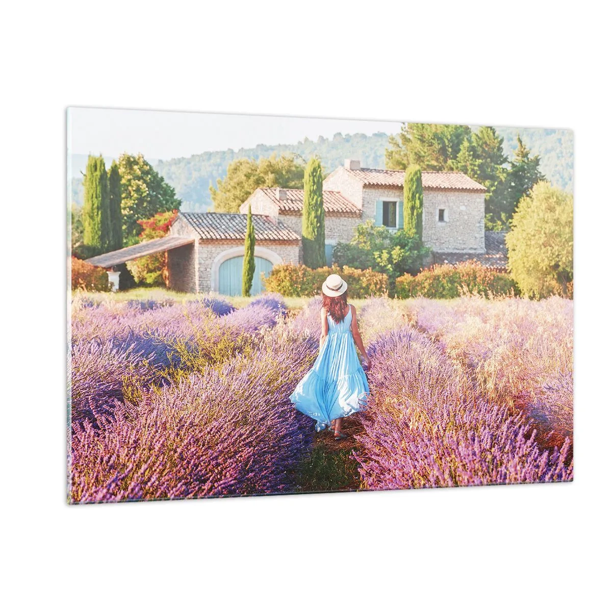 Impression sur verre - Image sur verre - Une femme en robe marchant dans un champ de lavande - 120x80cm - Fille de la lavande - Décoration murale moderne pour le salon et la chambre ARTTOR