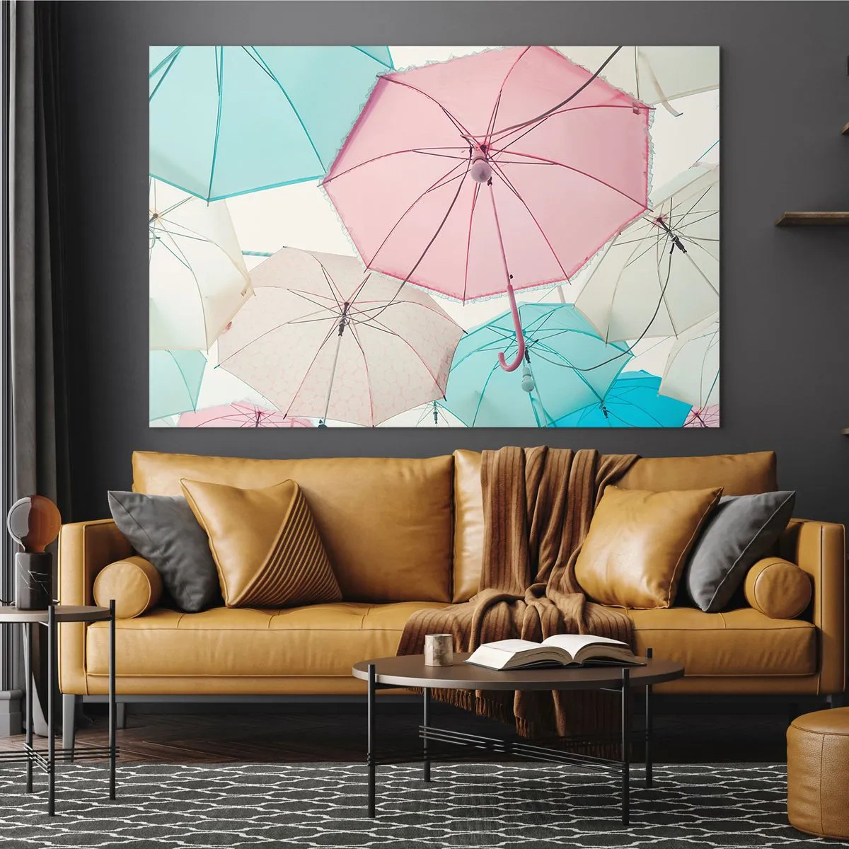 Impression sur verre - Image sur verre - Des parapluies colorés flottant dans l'air - 120x80cm - Parfois le soleil, parfois la pluie - Décoration murale moderne pour le salon et la chambre ARTTOR
