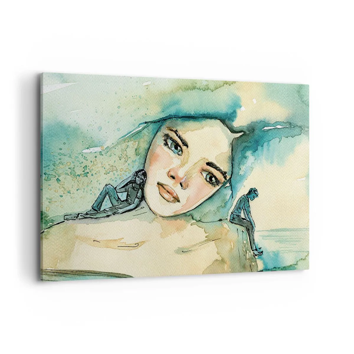 Impression sur toile - Image sur toile - Aquarelle d'un visage de femme avec un motif réfléchissant - 120x80cm - Suis-je bleu? - Décoration murale moderne pour le salon et la chambre ARTTOR