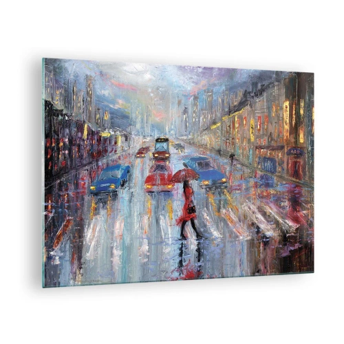 Impression sur verre - Image sur verre - Scène de ville la nuit avec pluie et lumières colorées - 70x50cm - Après-midi pluvieux en ville - Décoration murale moderne pour le salon et la chambre ARTTOR