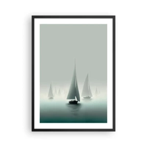 Affiche dans un cadre noir - Poster - Un groupe de voiliers naviguant sur une mer brumeuse, entouré d'eaux calmes. - 50x70cm - Fait de brouillard - Décoration murale moderne pour le salon et la chambre ARTTOR