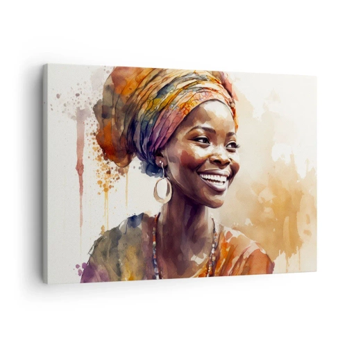 Impression sur toile - Image sur toile - Portrait d'une femme souriante dans un foulard coloré à l'aquarelle - 70x50cm - reine africaine - Décoration murale moderne pour le salon et la chambre ARTTOR