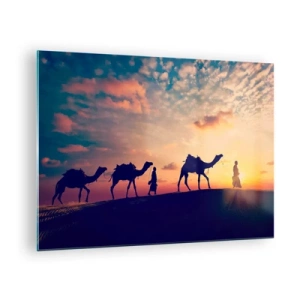 Impression sur verre - Image sur verre - Caravane de chameaux dans le désert au coucher du soleil - 70x50cm - L'esprit mystérieux de l'Orient - Décoration murale moderne pour le salon et la chambre ARTTOR