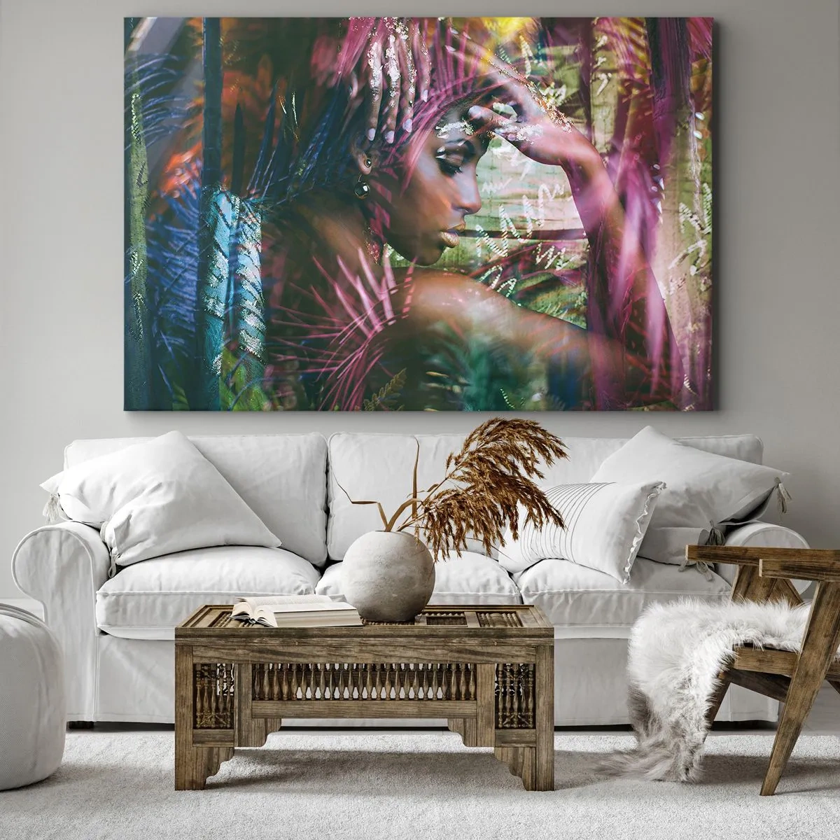 Impression sur toile - Image sur toile - Portrait d'une femme entourée d'une végétation exotique - 120x80cm - Dame Nature dans la jungle - Décoration murale moderne pour le salon et la chambre ARTTOR