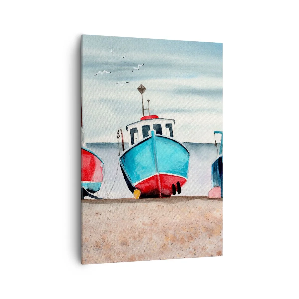 Impression sur toile - Image sur toile - Bateaux de pêche colorés sur le rivage dans un paysage marin - 70x100cm - Prêt pour la pêche - Décoration murale moderne pour le salon et la chambre ARTTOR