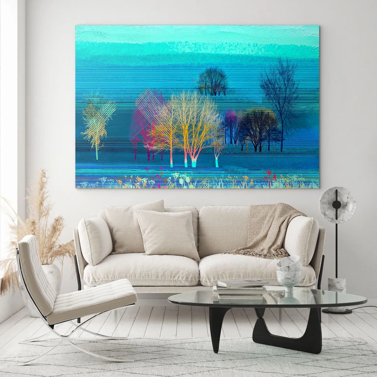 Impression sur verre - Image sur verre - Un paysage coloré avec des arbres sur un fond de tons bleus - 70x50cm - Un paysage soigné - Décoration murale moderne pour le salon et la chambre ARTTOR