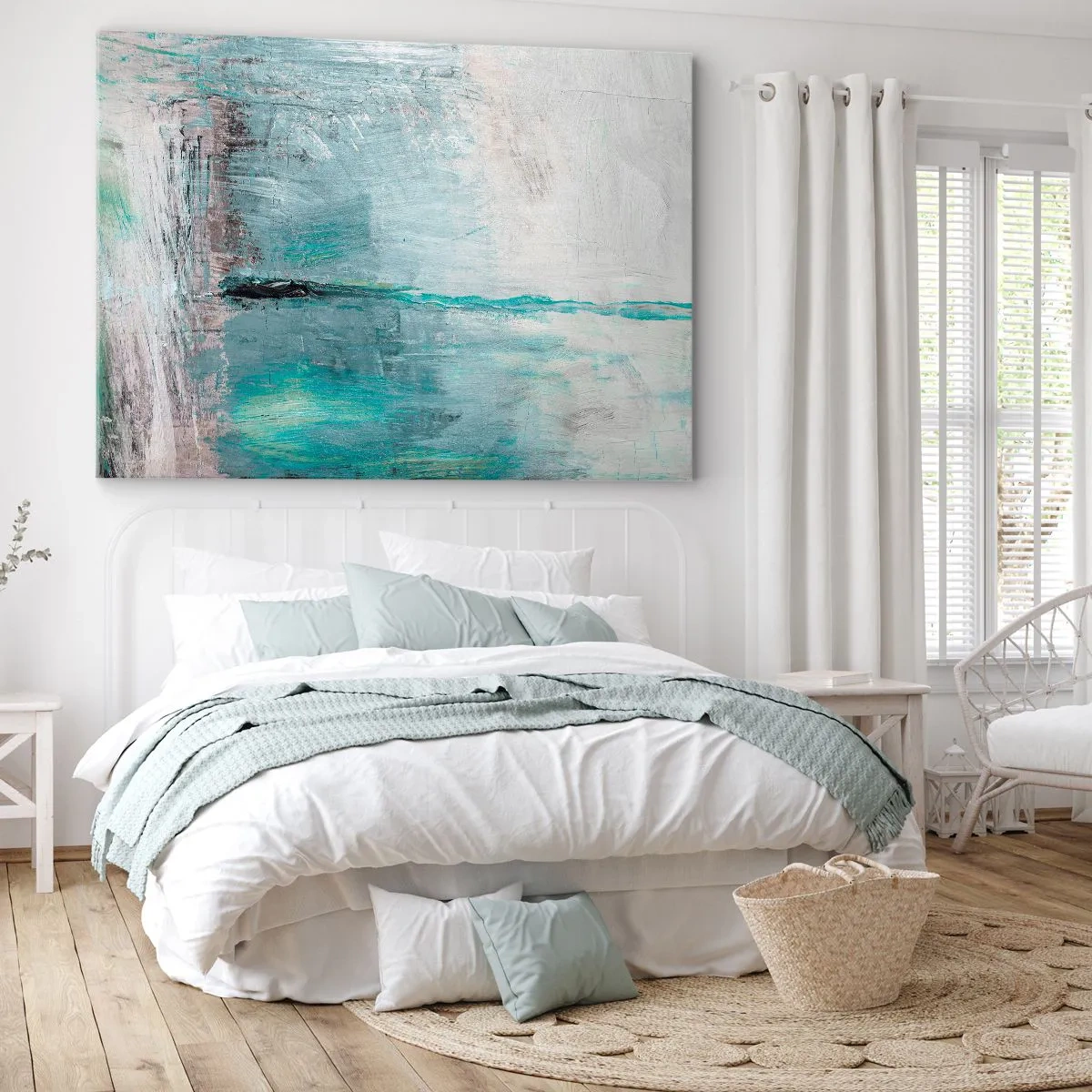 Impression sur toile - Image sur toile - Abstraction dans les tons turquoise et gris - 70x50cm - Horizontalement en bleu - Décoration murale moderne pour le salon et la chambre ARTTOR