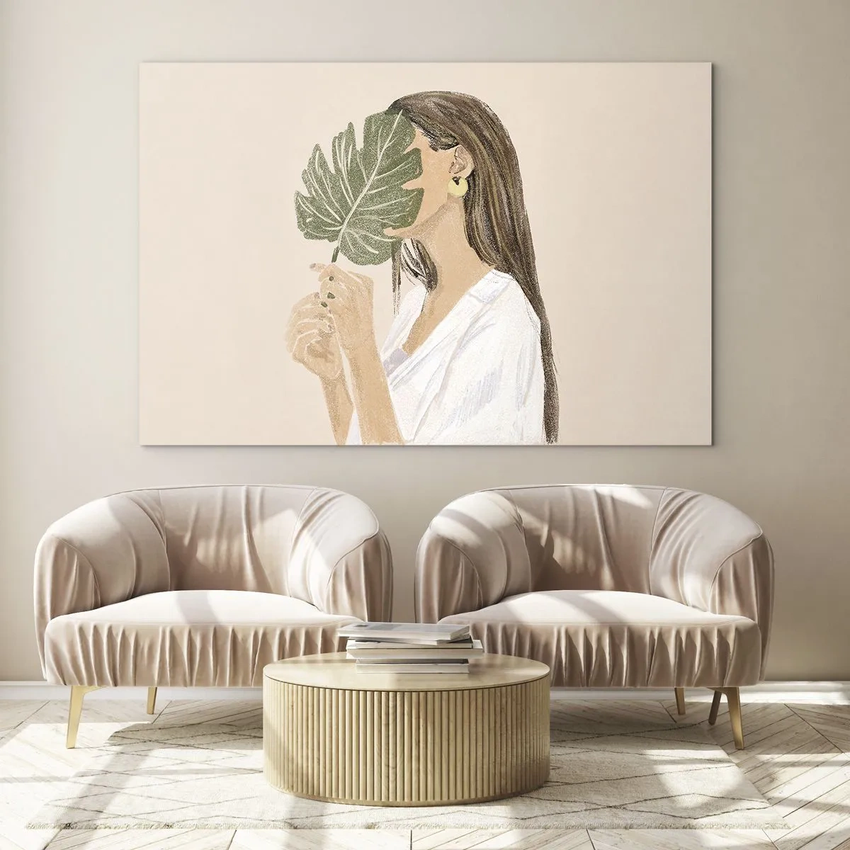 Impression sur verre - Image sur verre - Une femme aux cheveux longs tenant une feuille devant son visage. - 70x50cm - Portrait mystérieux avec un éventail - Décoration murale moderne pour le salon et la chambre ARTTOR