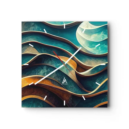 Horloge murale - Pendule murale - Vagues abstraites dans des tons turquoise et or - 30x30cm - Méandres de bleu - Décoration murale moderne pour le salon et la chambre ARTTOR