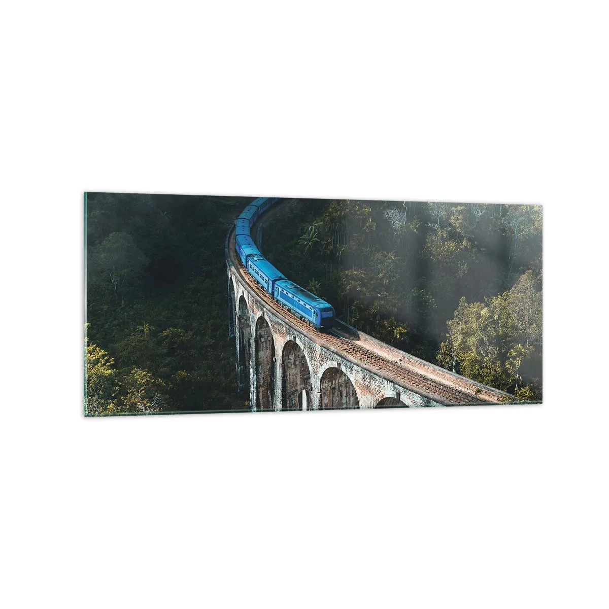 Impression sur verre - Image sur verre - Un train bleu sur un viaduc historique au milieu des forêts - 120x50cm - Train nature - Décoration murale moderne pour le salon et la chambre ARTTOR
