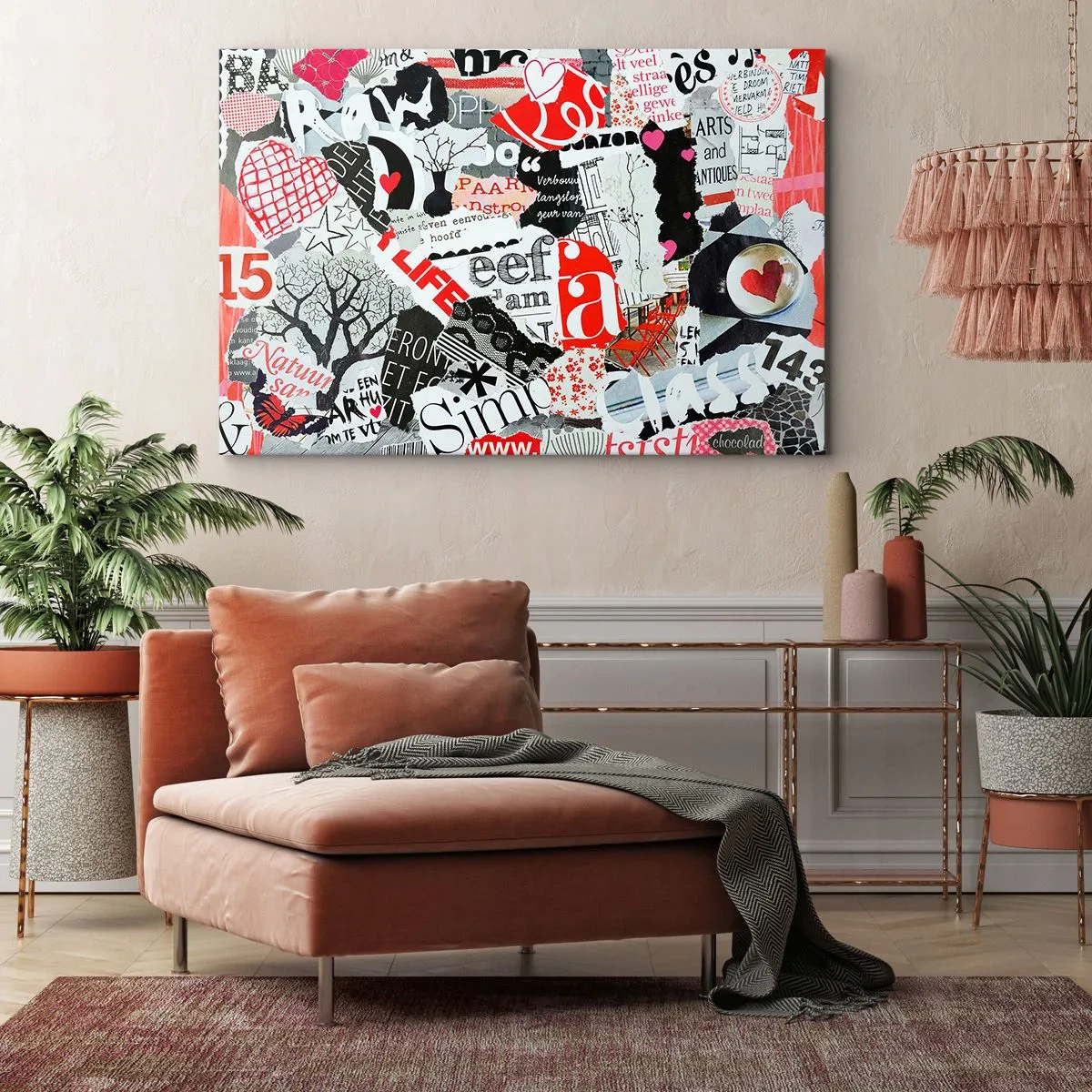 Impression sur toile - Image sur toile - Un collage coloré avec des inscriptions, des cœurs et des graphiques. - 70x50cm - Collage hipster - Décoration murale moderne pour le salon et la chambre ARTTOR