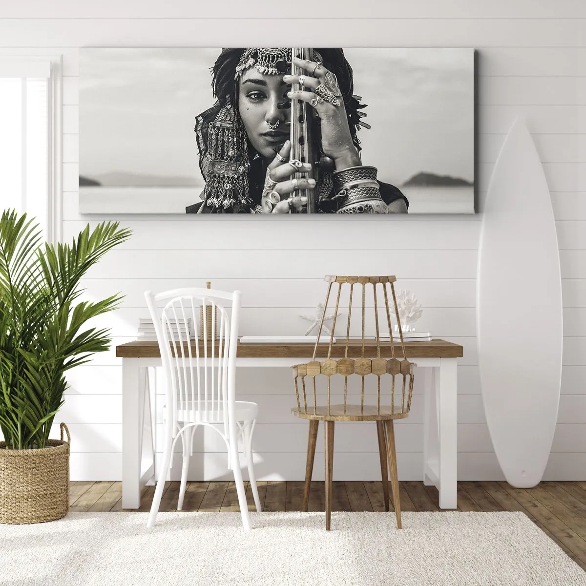 Impression sur toile - Image sur toile - Portrait d'une femme en bijoux ethniques tenant un instrument à la main - 160x50cm - Musique de l'Orient elle-même - Décoration murale moderne pour le salon et la chambre ARTTOR