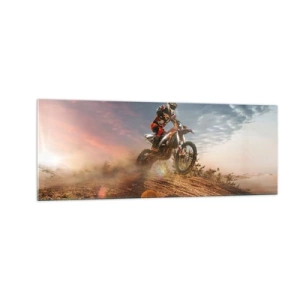 Impression sur verre - Image sur verre - Motocycliste dans les dunes au coucher du soleil - 140x50cm - Pour la victoire - Décoration murale moderne pour le salon et la chambre ARTTOR