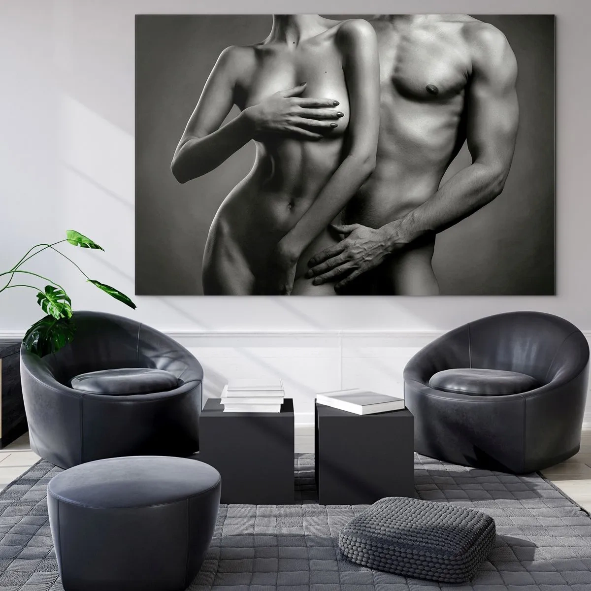 Impression sur verre - Image sur verre - Composition en noir et blanc avec des silhouettes nues d'un couple - 100x70cm - Adam et Eve - Décoration murale moderne pour le salon et la chambre ARTTOR
