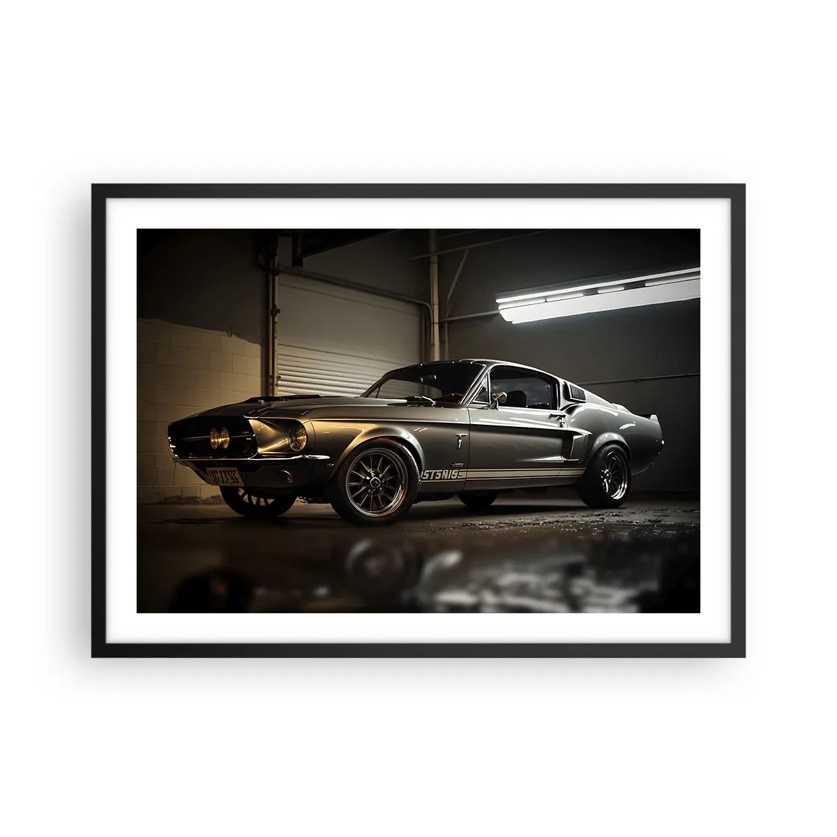 Affiche dans un cadre noir - Poster - Voiture classique dans un garage rétro - 70x50cm - Retour dans le passé - Décoration murale moderne pour le salon et la chambre ARTTOR