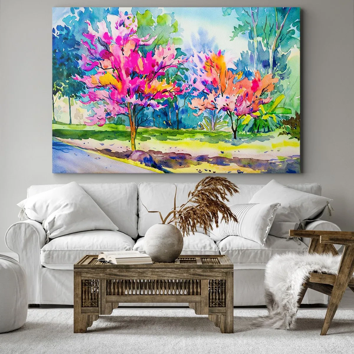 Impression sur toile - Image sur toile - Arbres colorés dans un parc dans un style aquarelle - 70x50cm - Jardin arc-en-ciel à la lumière du printemps - Décoration murale moderne pour le salon et la chambre ARTTOR