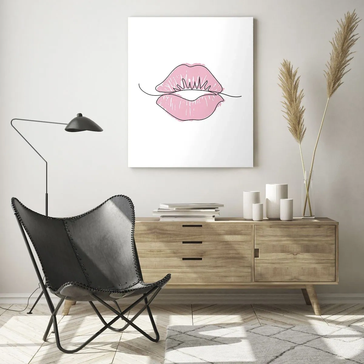 Impression sur verre - Image sur verre - Dessin minimaliste des lèvres dans une teinte rose - 80x120cm - Prêt à l'embrassade? - Décoration murale moderne pour le salon et la chambre ARTTOR