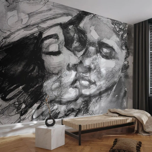 Papier Peint Photo Standard Eco - Croquis en noir et blanc de deux visages qui s'embrassent - 100x70cm - Un moment tendre - Décoration murale moderne pour le salon et la chambre ARTTOR