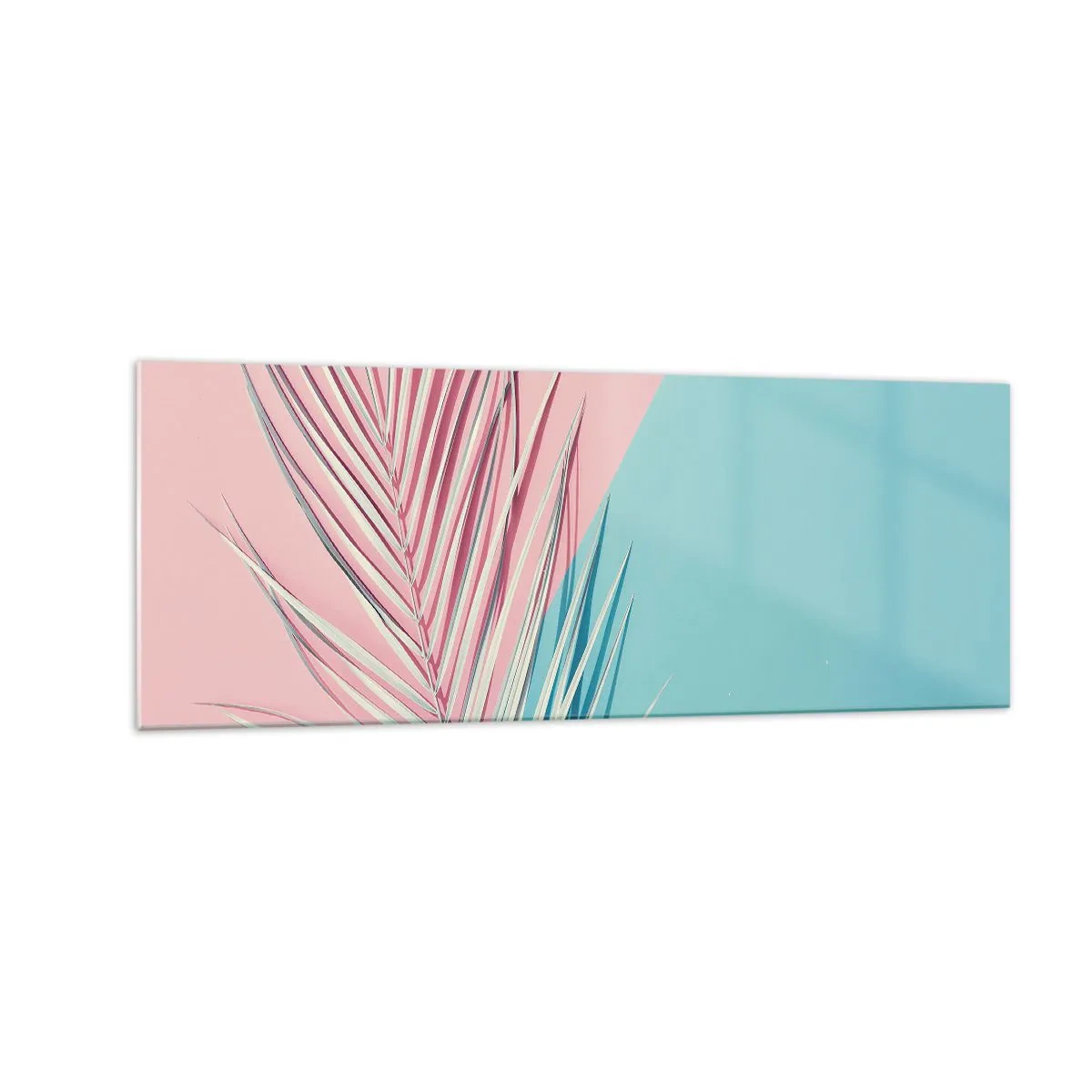 Impression sur verre - Image sur verre - Feuille tropicale sur un fond de tons pastel de rose et de bleu - 140x50cm - Impression tropicale - Décoration murale moderne pour le salon et la chambre ARTTOR