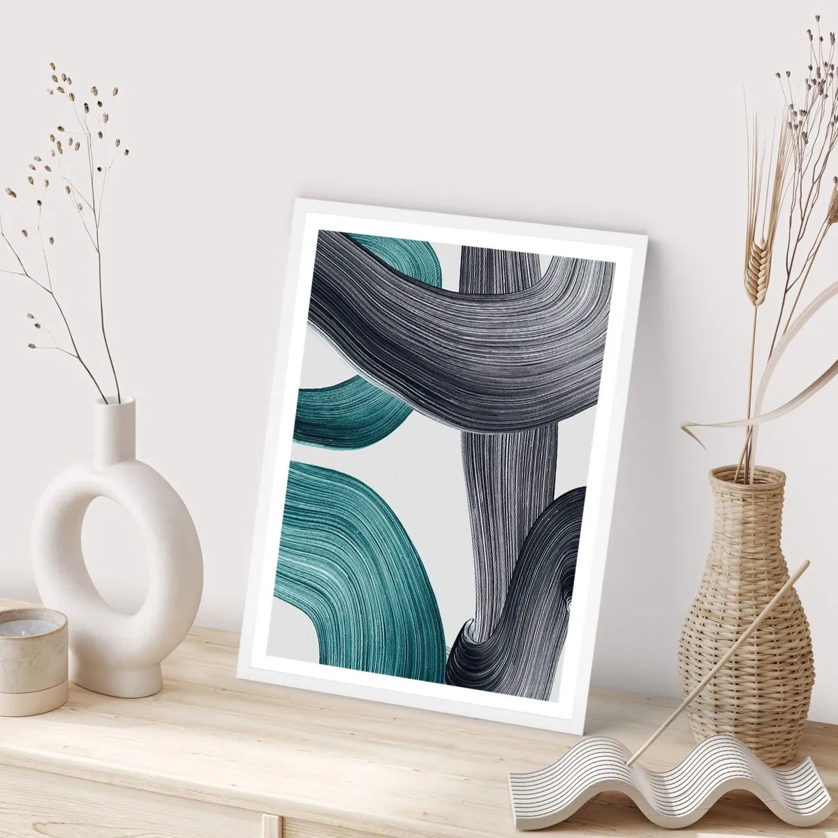 Affiche dans un cadre blanc - Poster - Sentiers émeraude et noirs - 70x100 cm