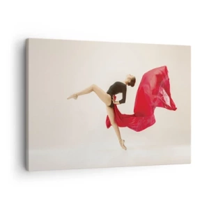 Impression sur toile - Image sur toile - Une danseuse dynamique en tenue noire et tissu rouge en mouvement. - 70x50cm - Rouge et noir - Décoration murale moderne pour le salon et la chambre ARTTOR