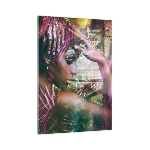 Impression sur verre - Image sur verre - Portrait d'une femme parmi les feuilles tropicales et les reflets de lumière. - 50x70cm - Dame Nature dans la jungle - Décoration murale moderne pour le salon et la chambre ARTTOR