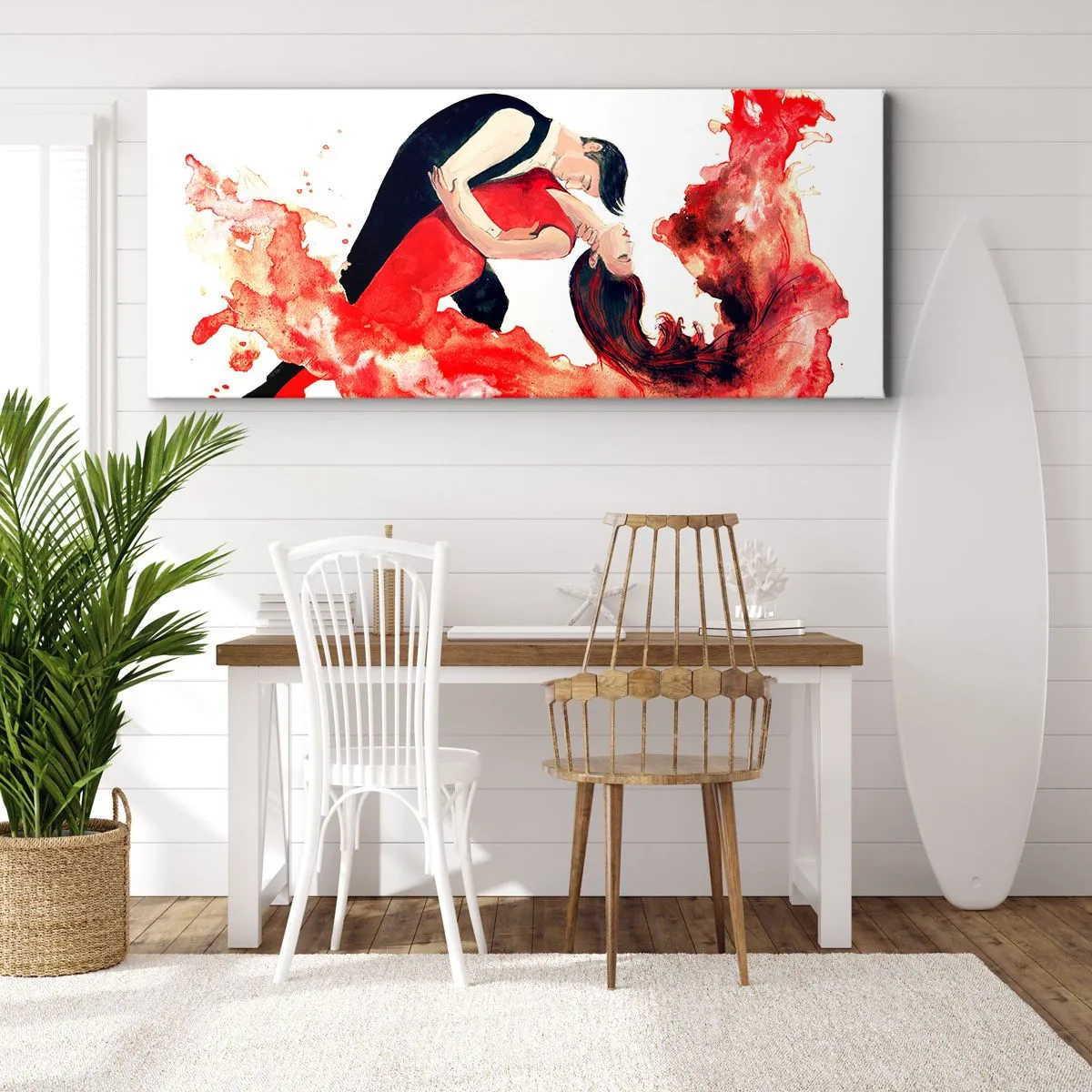 Impression sur toile - Image sur toile - Une aquarelle dynamique d'un couple dansant aux couleurs rouges. - 140x50cm - Tango - une vague sensuelle - Décoration murale moderne pour le salon et la chambre ARTTOR