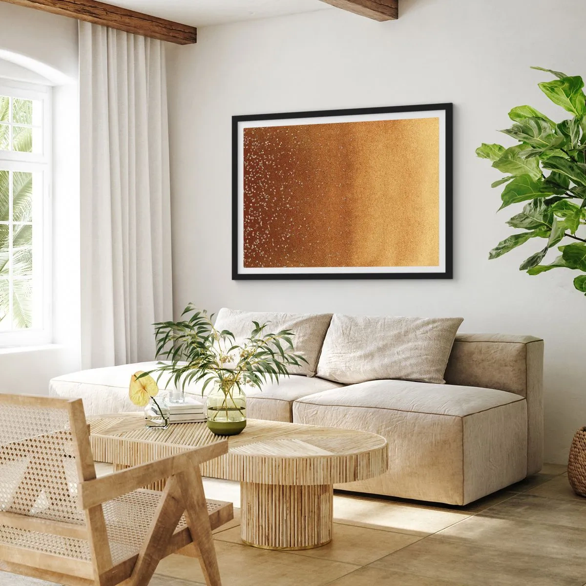 Affiche dans un cadre noir - Poster - Un dégradé doré avec des reflets et des embellissements subtils - 100x70cm - Origine du monde - Décoration murale moderne pour le salon et la chambre ARTTOR