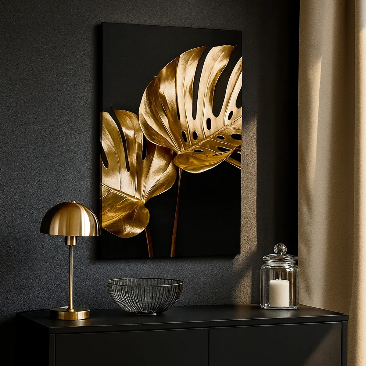 Impression sur toile - Image sur toile - Feuilles de monstera dorées sur fond noir - 50x70cm - Les trésors de la nature - Décoration murale moderne pour le salon et la chambre ARTTOR