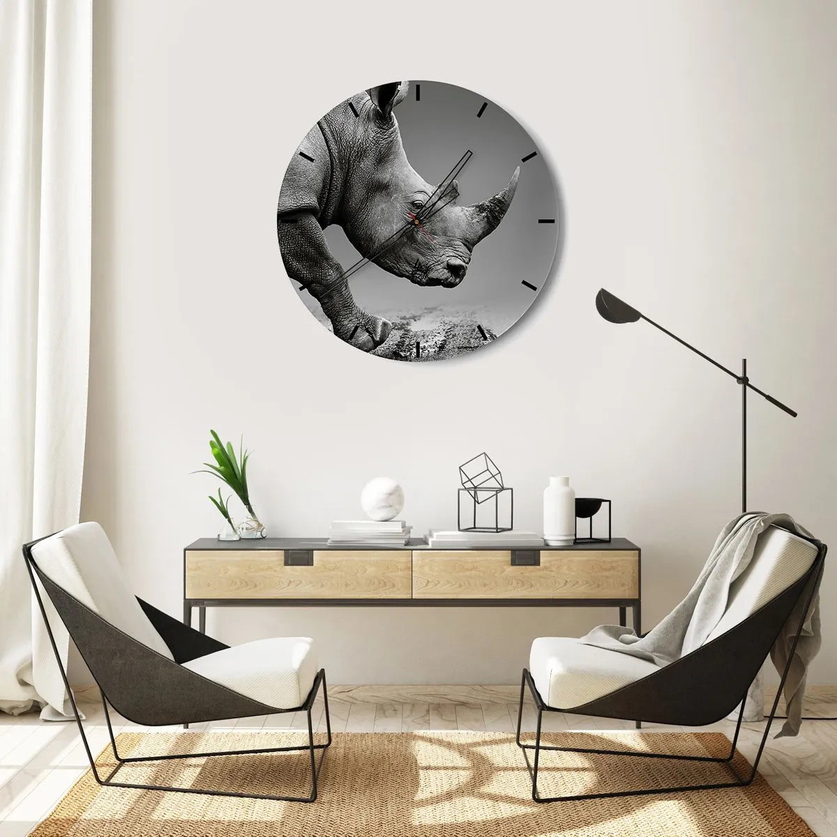Horloge murale - Pendule murale - Un rhinocéros en noir et blanc sur fond neutre - 30x30cm - Force inarrêtable - Décoration murale moderne pour le salon, la cuisine et la chambre ARTTOR