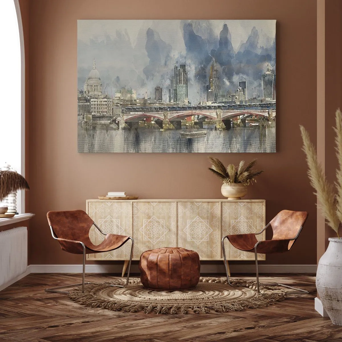 Impression sur toile - Image sur toile - Vue à l'aquarelle du pont et des toits de la ville - 120x80cm - Londres dans toute sa splendeur - Décoration murale moderne pour le salon et la chambre ARTTOR