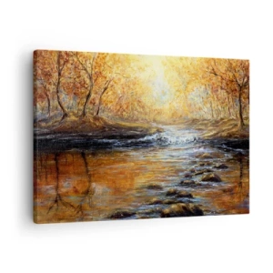 Impression sur toile - Image sur toile - Paysage d'automne avec une rivière parmi les arbres - 70x50cm - Le ruisseau d'or - Décoration murale moderne pour le salon et la chambre ARTTOR