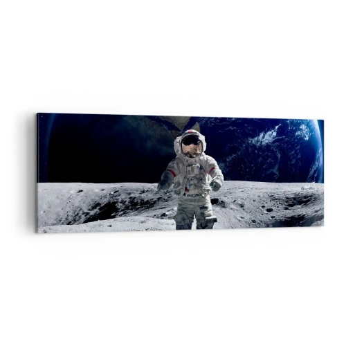 Impression sur toile - Image sur toile - Astronaute à la surface de la Lune avec la Terre en arrière-plan - 140x50cm - Salutations de la lune - Décoration murale moderne pour le salon et la chambre ARTTOR