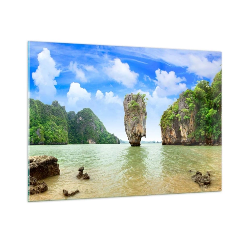 Impression sur verre - Image sur verre - Un rocher dans l'eau entouré d'îles tropicales - 100x70cm - Merveilles rocheuses de la nature - Décoration murale moderne pour le salon et la chambre ARTTOR