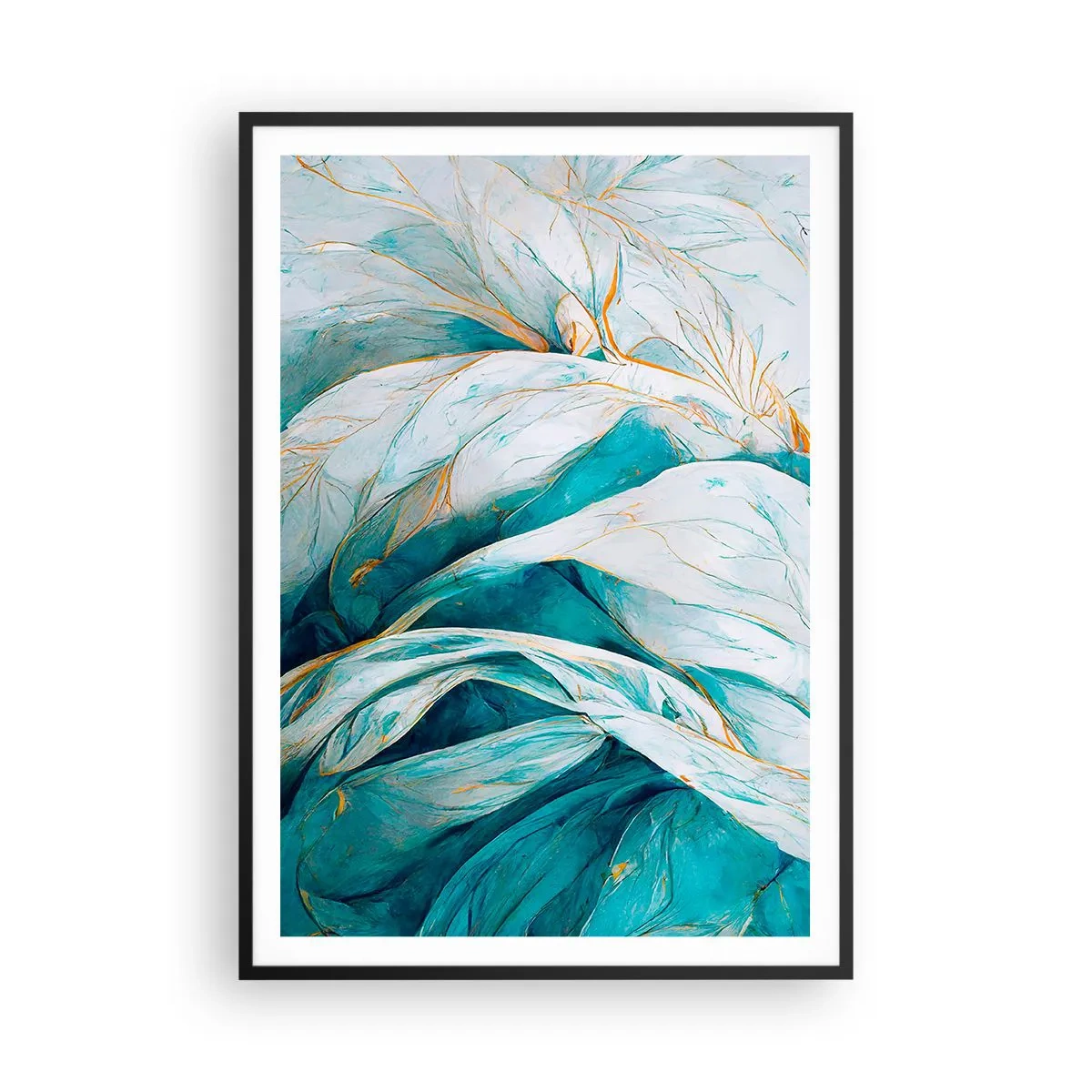 Affiche dans un cadre noir - Poster - Abstraction bleue avec un motif doré - 70x100 cm