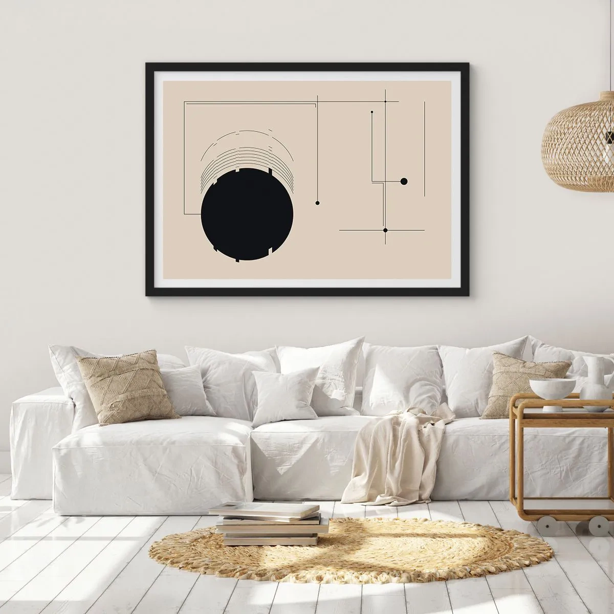 Affiche dans un cadre noir - Poster - Lignes géométriques noires et un cercle sur fond beige - 70x50cm - Une composition flexible et dynamique - Décoration murale moderne pour le salon et la chambre ARTTOR