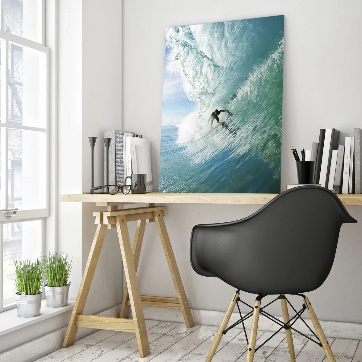 Impression sur verre - Image sur verre - Un surfeur chevauchant une vague au soleil contre un ciel bleu - 70x100cm - Toujours sur la vague - Décoration murale moderne pour le salon et la chambre ARTTOR