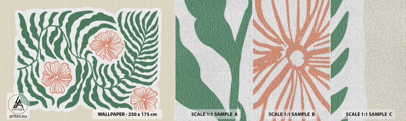 Échantillon de Papier Peint Premium Canvas - Fleurit en vert - Bohème, Botanique, Fleurs - 100x30 cm