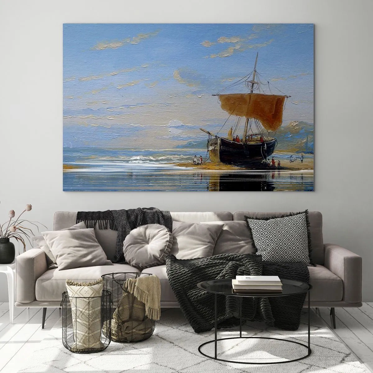 Impression sur verre - Image sur verre - Un navire avec une voile au bord de la mer dans un style pictural - 70x50cm - Eau, terre, air - Décoration murale moderne pour le salon et la chambre ARTTOR