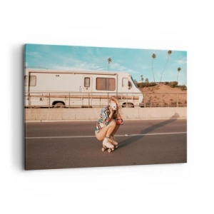 Impression sur toile - Image sur toile - Une fille sur des patins à roulettes prenant une photo par une journée ensoleillée. - 120x80cm - Souriez s'il-vous-plait! - Décoration murale moderne pour le salon et la chambre ARTTOR