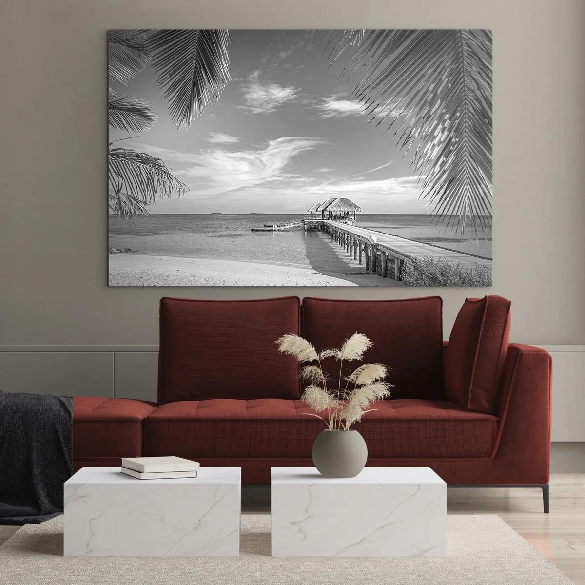 Impression sur verre - Image sur verre - Photographie en noir et blanc d'une plage tropicale avec une jetée - 70x50cm - Souvenirs ou rêve? - Décoration murale moderne pour le salon et la chambre ARTTOR