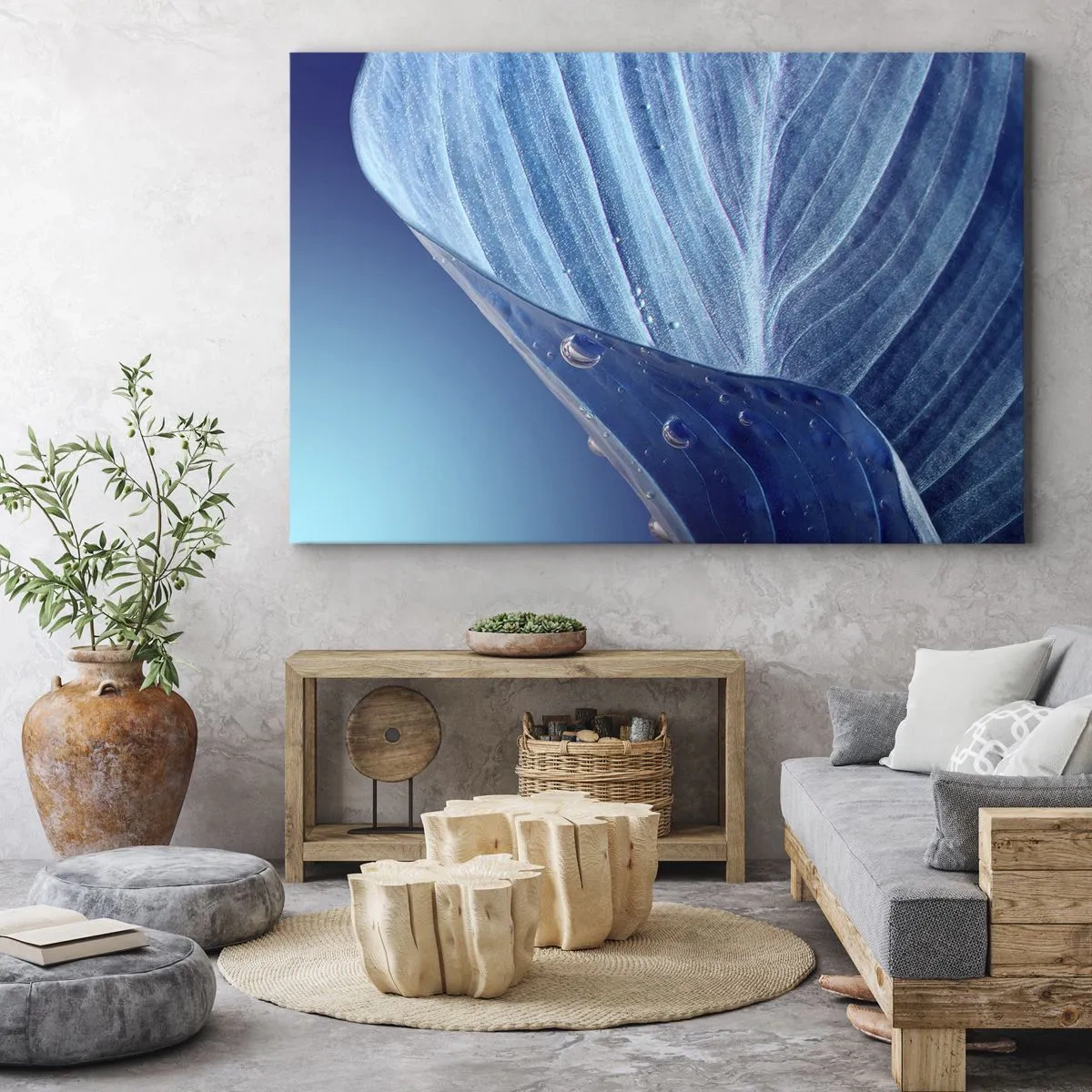 Impression sur toile - Image sur toile - Une feuille bleue avec des gouttes d'eau visibles - 70x50cm - Gouttes cachées du bleu - Décoration murale moderne pour le salon et la chambre ARTTOR