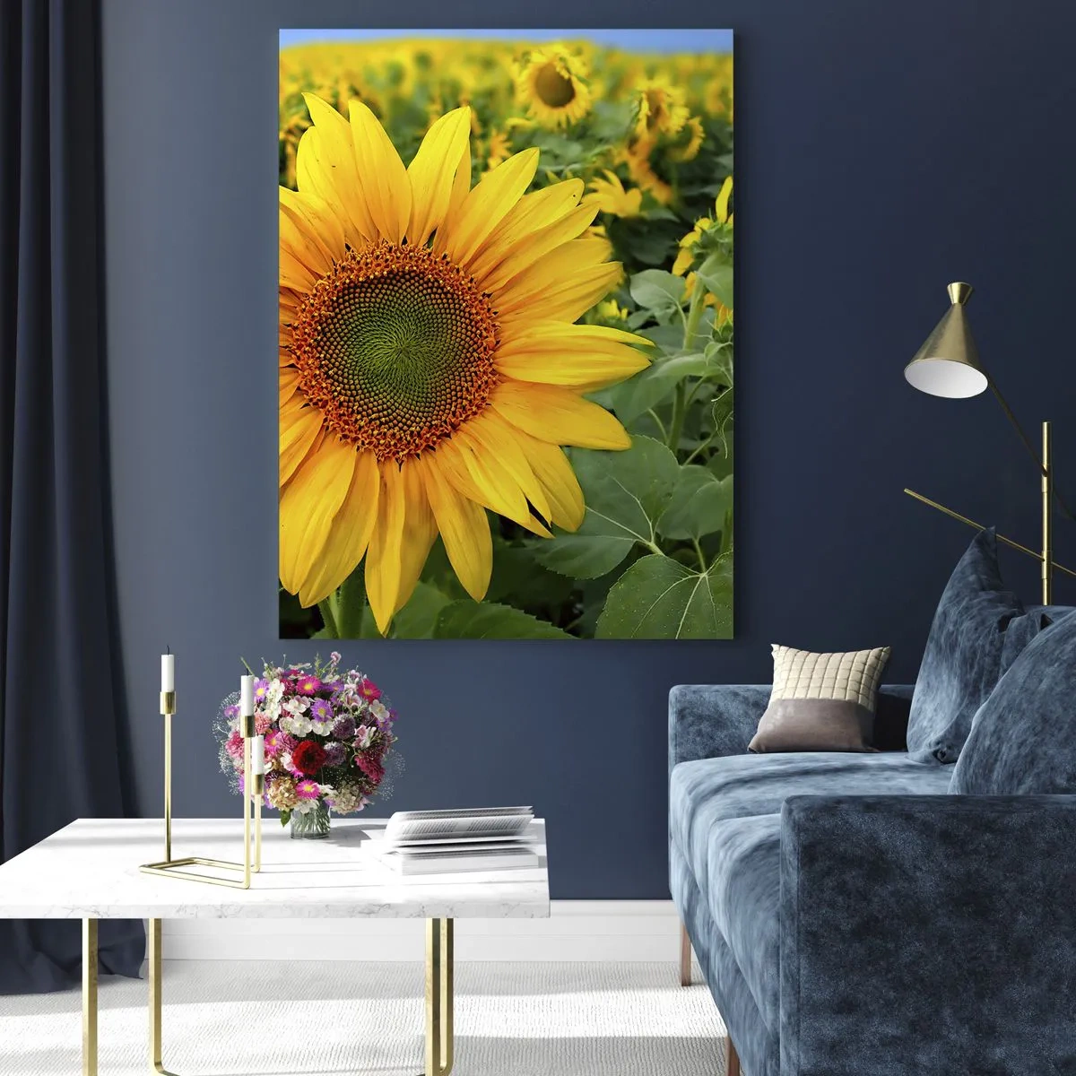 Impression sur verre - Image sur verre - Un champ de tournesols en pleine floraison sous un ciel bleu - 50x70cm - Des centaines de soleils se sont embrasés - Décoration murale moderne pour le salon et la chambre ARTTOR