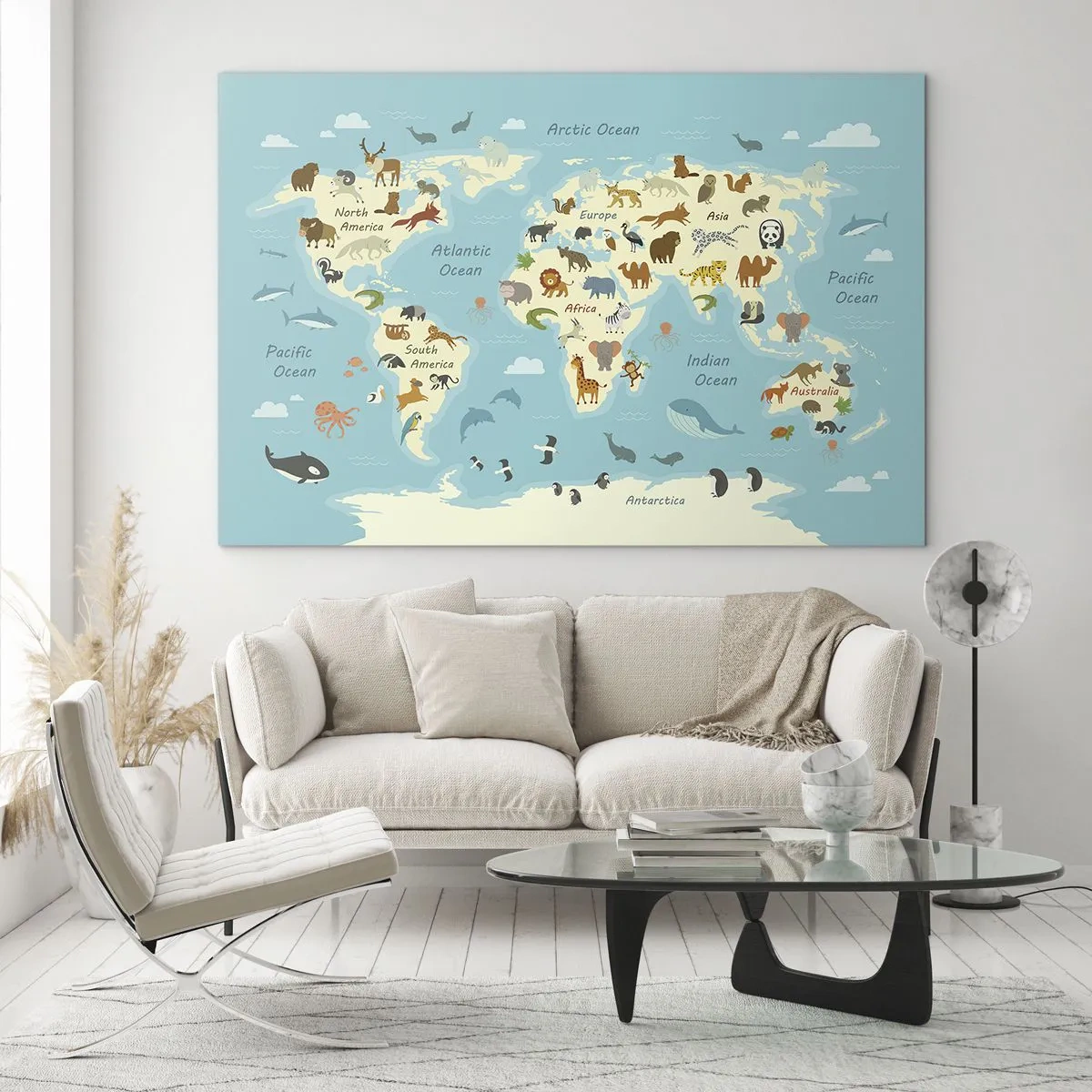 Impression sur verre - Image sur verre - Une carte du monde colorée avec des illustrations d'animaux de différents continents. - 70x50cm - De bons voisins - Décoration murale moderne pour le salon et la chambre ARTTOR