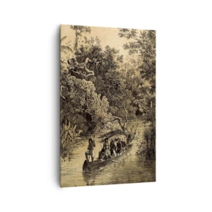 Impression sur toile - Image sur toile - Dessin d'une jungle avec un bateau sur une rivière - 80x120cm - Expédition à la source - Décoration murale moderne pour le salon et la chambre ARTTOR